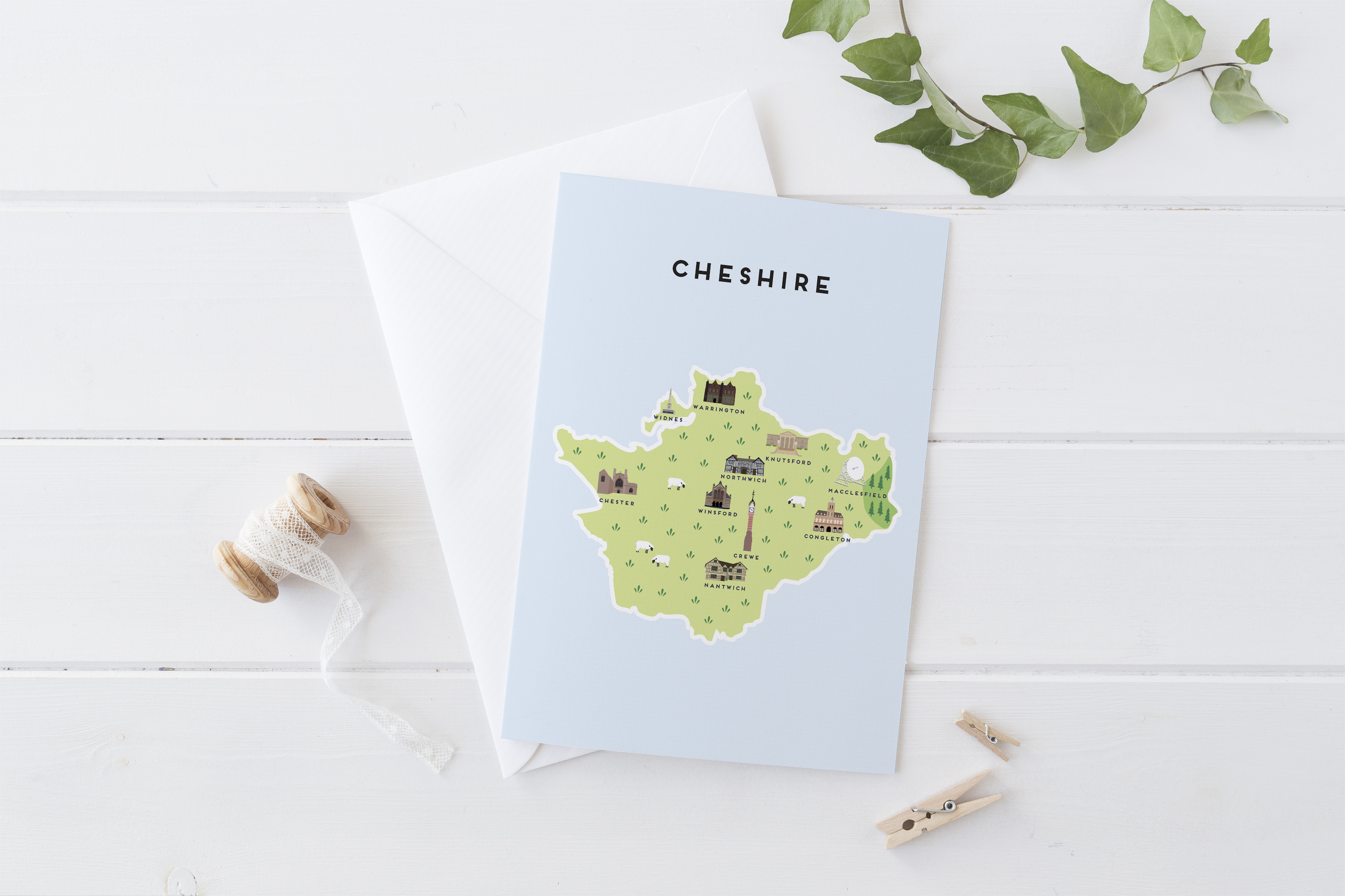 Place in Print Pepper Pot Studios Cheshire Illustrated Map Greetings Card Place in Print Pepper Pot Studios Cheshire Illustrated Map Greetings Card