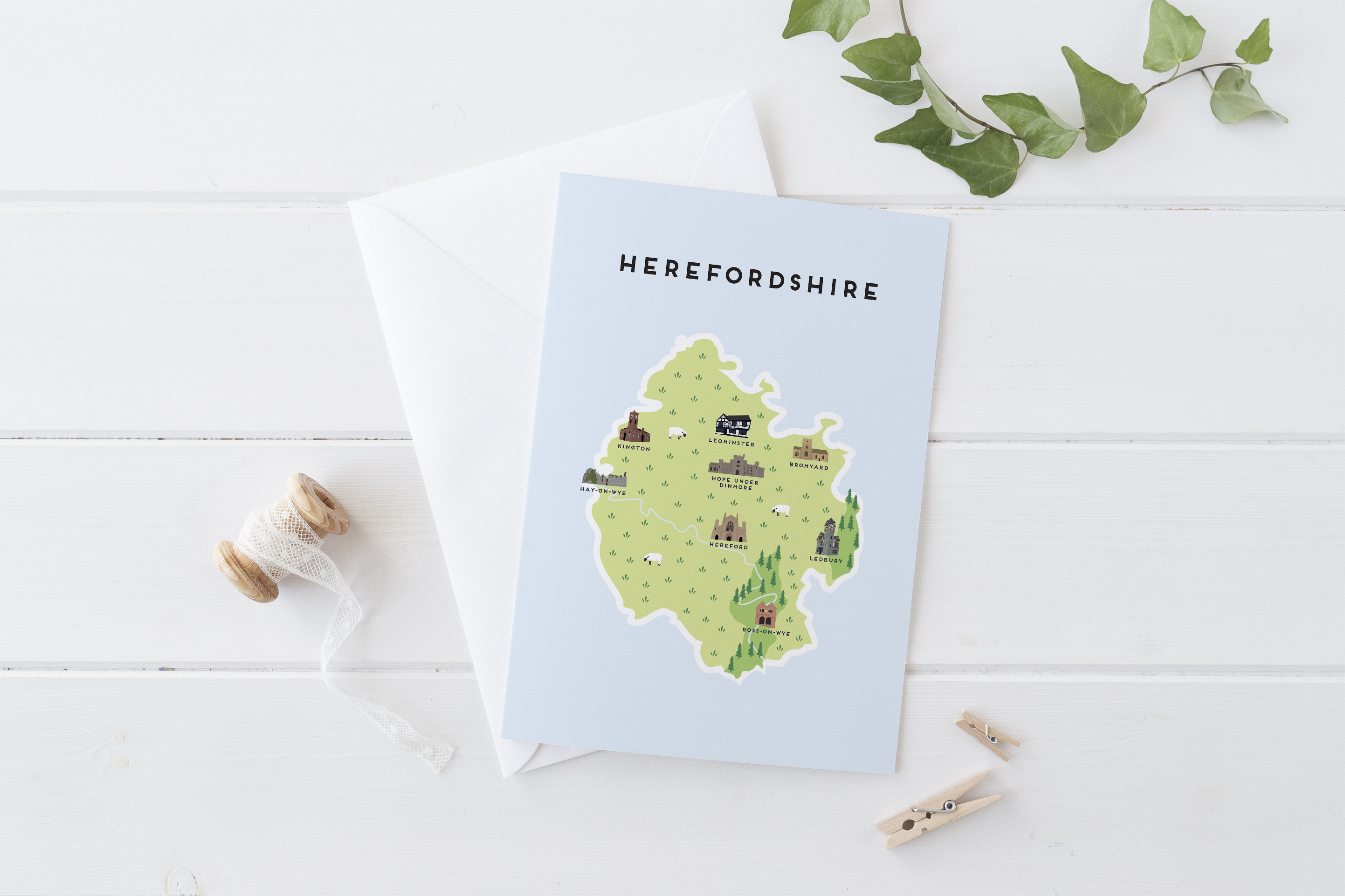 Place in Print Pepper Pot Studios Herefordshire Illustrated Map Greetings Card Place in Print Pepper Pot Studios Herefordshire Illustrated Map Greetings Card