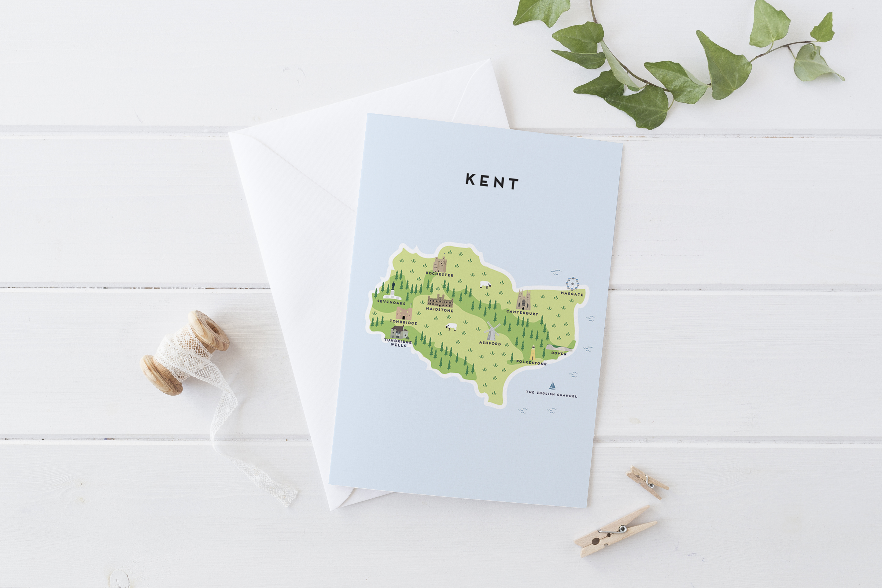 Place in Print Pepper Pot Studios Kent Illustrated Map Greetings Card
