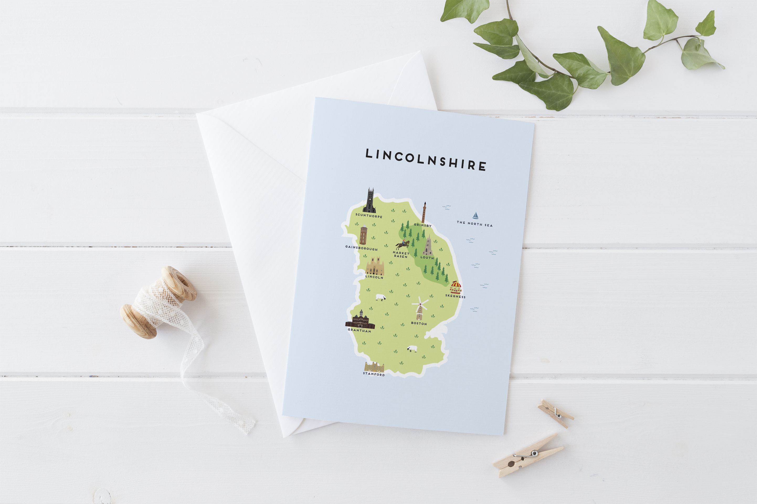 Place in Print Pepper Pot Studios Lincolnshire Illustrated Map Greetings Card Place in Print Pepper Pot Studios Lincolnshire Illustrated Map Greetings Card