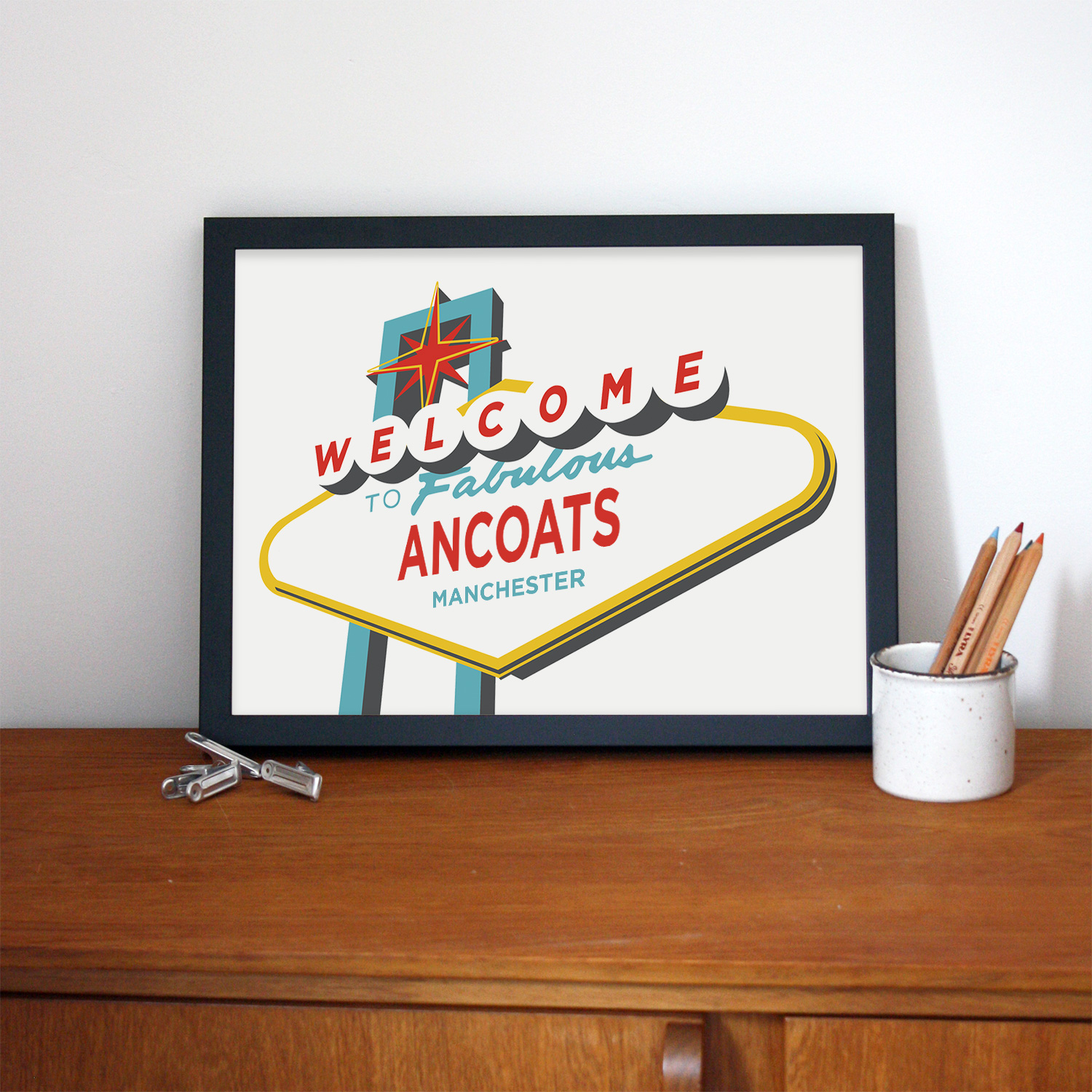 Place in Print Welcome to Fabulous Ancoats, Manchester Vegas Sign Art Print Lifestyle Place in Print Welcome to Fabulous Ancoats, Manchester Vegas Sign Art Print Lifestyle